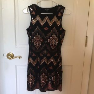 Express black & gold tribal print sequin dress XS